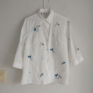 Edward Shirt Blouse Womens M White Glasses Novelty 100% Irish Linen 3/4 Sleeve